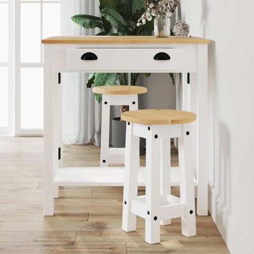 Pyvara 3-TLG. Bar-Set Weiß Massivholz Kiefer mit klappbarem Bartisch und 2 Barhockern platzsparend für Küche Esszimmer Wohnzimmer vielseitig einsetzbar Holz Sitzgruppe
