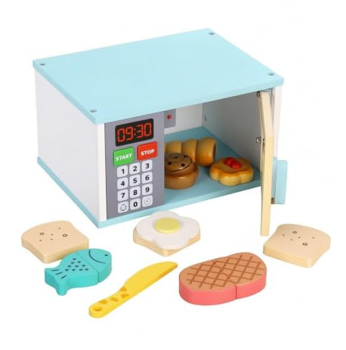 Xgdsnly Jouet Réaliste Appareil Électroménager en Bois Jouet Soli pour Préscolaires , Four À Micro-Ondes Bleu avec Accessoires De Petit-déjeuner