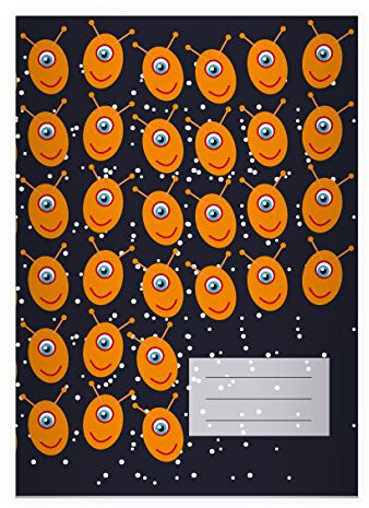 Kartenkaufrausch 8 Außerirdische Alien DIN A5 Schulhefte, Schreibhefte mit einäugigen Monstern, orange Lineatur 4 (liniertes Heft)