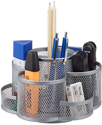 Relaxdays Stiftehalter, Metallgeflecht, 7 Fächer, drehbar, rund, kompakt, für Büro, Stiftebox f. Pinsel, Schere, silber