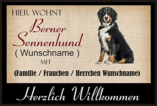 Crealuxe Fussmatte mit Wunschtext/Wunschname Hier wohnt Berner Sennenhund - 60x40 cm - Gummi Rückseite/rutschfest - Filzoberfläche - Bedruckte Türmatte - Innenmatte