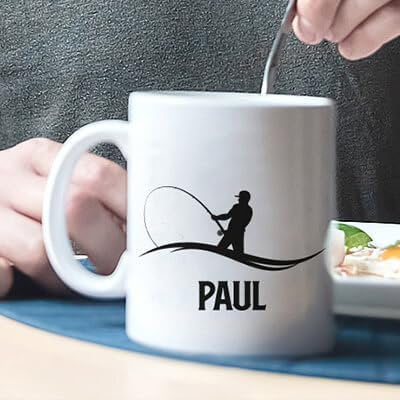 CADEAUX.COM - Mug Personnalisé En Céramique - Pêcheur + Prénom - Résiste Au Micro-ondes Et Lave Vaiselle - Idée Cadeau Personnalisé