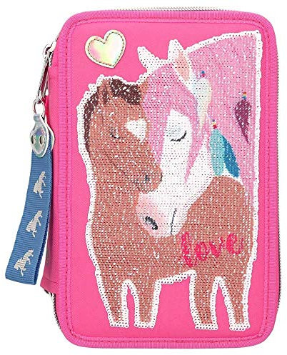 Depesche 10529 Federtasche 3 fach mit Streichpailletten, Miss Melody LOVE, rosa, ca. 20 x 13 x 7 cm