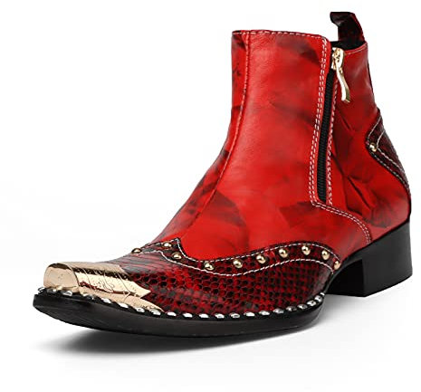 Rui Landed Stivale da Equitazione Stile Uomo Caviglia Stivaletto Brogue Pelle di Serpente in Vera Pelle di Prima qualità Trama a Punta in Metallo con Cerniera Punta a Punta Tacco Largo Discoteca