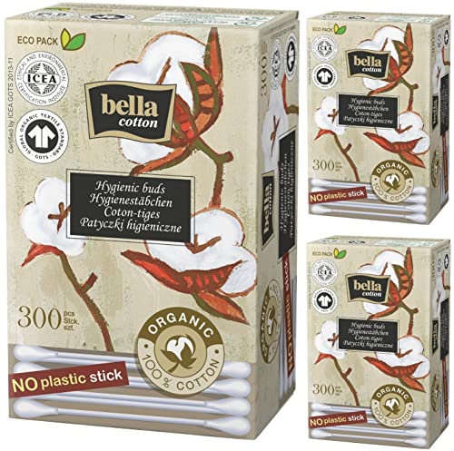 bella cotton bio Wattestäbchen mit Papierschaft in der Faltschachtel(3 x 300 Stück), Wattestäbchen mit Bio-Baumwolle