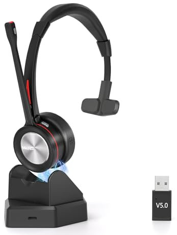 Mairdi Bluetooth 5.2 Headset mit Mikrofon Noise Canceling, Wireless Headset mit Ladestation, mit USB Bluetooth Adapter für PC Call-Center, Handy, Büro, Zoom, Microsoft Team, Skype Chat, Black