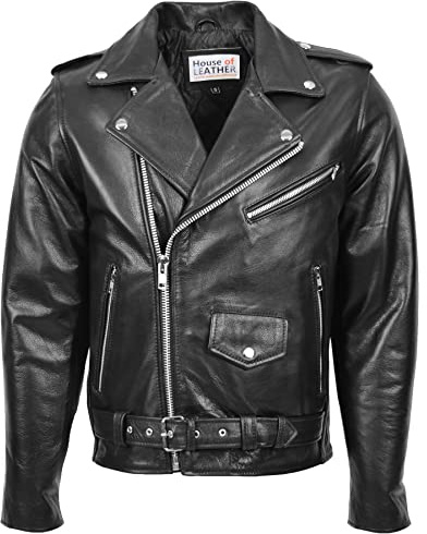House of Leather Herren Echt Leder Biker Jacke Kreuzen Reißverschluss Brando Stil Kyle