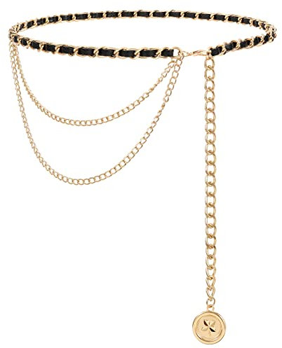 LEACOOLKEY Damen PU-Leder Ketten Taillengürtel, Metallschichten-dünner Kleidergürtel Cinch Mode-goldener Taillengürtel Bauchbund