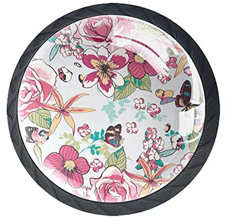 Vintage Schmetterlings-Rosa-Blumen Set aus 4 Schränken, runden Hardware-Schubladen-Kommode-Knöpfen für Zuhause, Schlafzimmer, Küche, Esszimmer, Büro