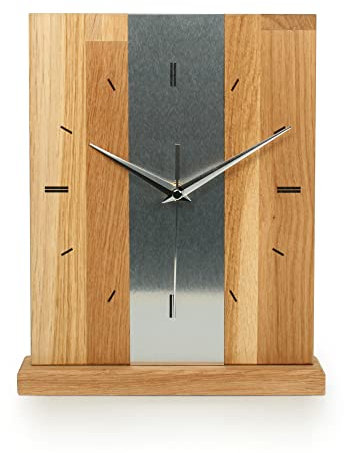 Kreative Feder Designer-STANDUHR Silver Stripe aus MASSIVHOLZ 27x20cm – analoge TISCHUHR ohne Tickgeräusche (Quarzuhrwerk, Eiche)