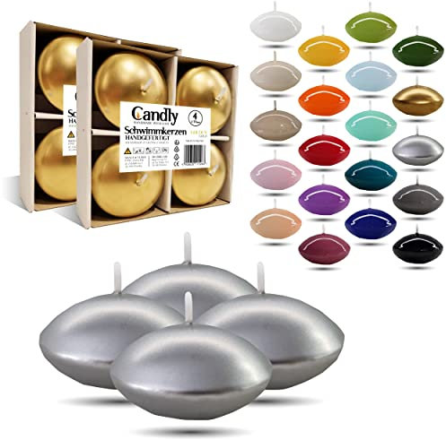 CANDLY HANDMADE© 4x Groß Schwimmkerzen Premium Ø 70mm Geburstag & Namenstag, Hochzeit, Hochzeitsempfang, Valentinstag, Ostern, Weihnachten, Elegante Haus Dekoration, Candles, Kerzen für Damen (Silber)
