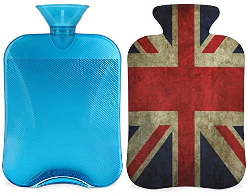 Vintage United Kingdom Flag Hot Water Bottle with Fluffy Cover, 2L Large Capacity Hot Water Bottles for Kids Men Women, UK British Flag Warm Water Bottle for Cosy Nights, Pain Relief, Back