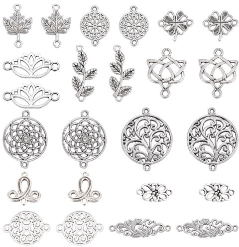 SUNNYCLUE 1 Box 72 Stück 12 Stile Blumenverbinder Charms Flache Runde Verbindungsverbinder Herbst Tibetischer Stil Charms Blattverbinder Für Schmuckherstellung DIY Ohrring Halskette Armband Bas