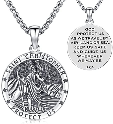 Heiliger Christophorus Anhänger 925 Sterling Silber Saint Christopher Halskette für Herren Religiöser Talisman Schmuck für Herren Damen Freund Freundin, mit 55cm Kette