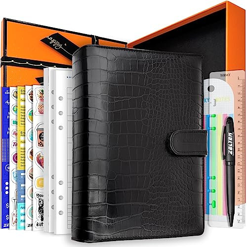 PU Leather Personal Notebook Planner with 67 Pages Loose-Leaf Papers 6 Holes Ring Binder Pen Holder Magnetic Buckle (Black Faux Crocodile Texture,A5 Gift Box)
