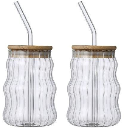 HanOBC Lot de 2 verres à boire créatifs de 500 ml en forme de vague avec couvercles et pailles, verres à bière, verres à café glacé, verres vintage côtelés pour boissons, jus