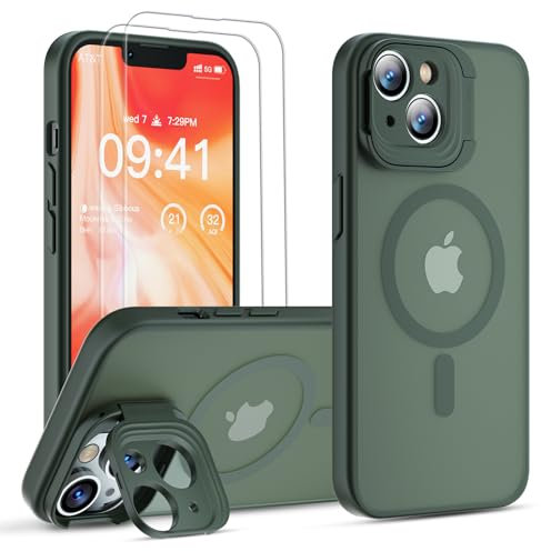 GOODVISH Newest Magnetic Case for iPhone 14 Case/iPhone 13 Case Compatible with Magnetic [Magic Camera Stand+2 Screen Protector] All-in-1 Shockproof Slim Hard Translucent Matte Phone Case Cover, Green