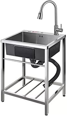 Edelstahlspüle, Küchenspüle, Campingspüle,mit Wasserhahn mit Kalt und Warmwasserschläuchen, Ablassvorrichtung, industrie-garagenspülefür Außen, Innen, Küche, Restaurant, Bar ( Size : 69*46cm/27*18in )