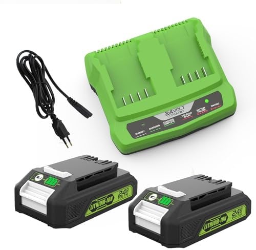 XNJTG 2 Stück 24V 3.0Ah Ersatzakku für Greenworks 24V akku G24B2 G24B4 mit Dual Port Ladegerät Ersatz für Greenworks Ladegerät G24X2UC2