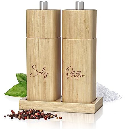 ELBFUCHS® Juego de 2 molinillos de sal y pimienta de madera, con mecanismo de cerámica, 2 unidades, con platillo