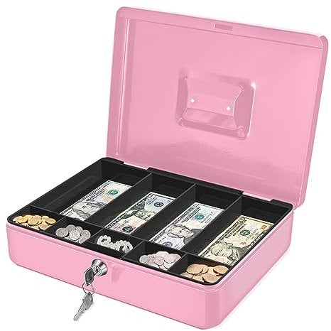 Flexzion Cash Box with Money Tray and Lock - Metal Cash Box for Small Businesses, 9-Compartment Pink Money Box with Removable Tray and Key, Portable Storage for Checks and Coins