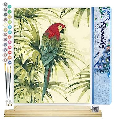 Figured'Art Peinture par Numéro Adulte Perroquet et Plante Verte - Activité Manuelle Kit de Loisir Créatif DIY Numéro d'Art Complet - 40x50cm avec châssis en bois à monter