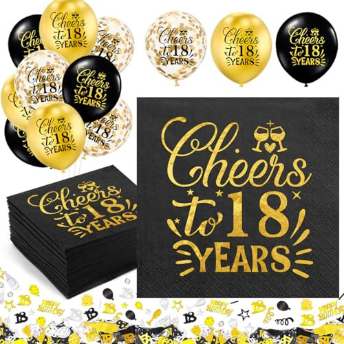 MQIAN Servietten 18. Geburtstag 60 Stück + 15g Konfetti + 18 Luftballons - 2-lagig, 33 x 33 cm, Gold-Schwarz, Papier, Cheers To 18 Years, Geburtstagsbedarf, Tischwäsche