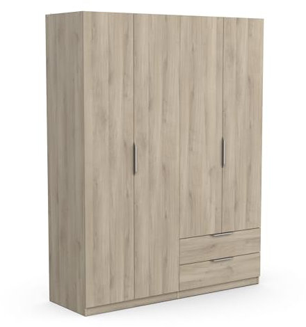 Demeyere Armoire Dressing avec Penderie Moderne 4 Portes 5 Etagères 2 Tiroirs – Coloris Chêne Kronberg - 157,3 x 51,1 x 203 cm