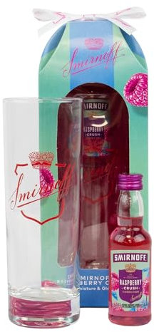 Smirnoff Vodka Gift Set - Alcohol Miniature & Glass Set, 1x 5cl Smirnoff Raspberry Crush Flavoured Mini & Branded Hi-Ball Glass - Premium Vodka Gifts for Men, Women, Fathers Day