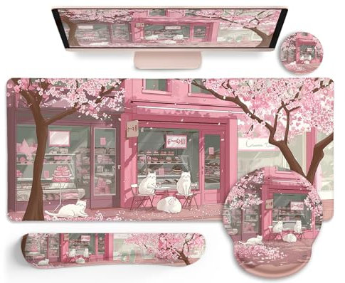 LIMKRIAN Anime Cat Mouse Pad Set, XXL Gaming Mouse Pad with Wrist Rest, Keyboard Mat, Cat Coaster, Cute Office Desk Decor Accessories, Pink Lycra