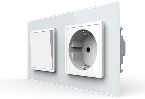 LIVOLO Wipp einfacher Taster Lichtschalter mit Schuko Steckdose für Unterputz doppelter Einbau Tasterlichtschalter VL-C7-K1H/C1EU-11-A Weiß im zweifachem Glasrahamen Wandschalter Einbausteckdose