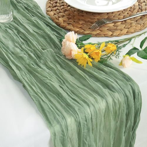 Sevenpers Musselin Tischläufer Salbeigrün, 90x300 cm - Eukalyptus Grün, Waschbar - Ideal für Hochzeitsdeko, Geburtstage, Taufen, Firmungen, Gartenpartys & mehr