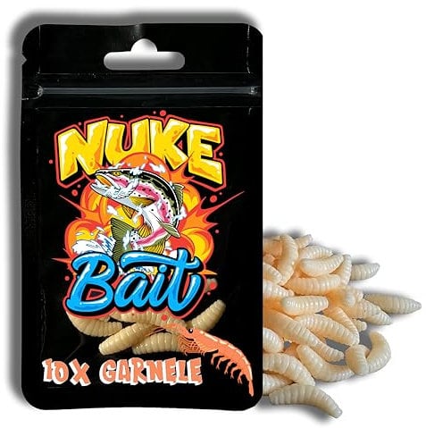 Nuke Bait - Forellenköder - Bienenmaden mit Lockstoff -10 Stück - Das Original Forellen Köder, Bienenmade, Kunstköder mit Geruch, Aroma Angelköder, Raubfisch, Bester Fischköder (Garnelen - Aroma)