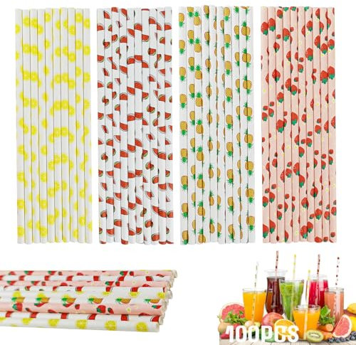 MEIYIDAY 100 Stück Papier Strohhalme, Cocktail Strohhalme Bunte Papier Trinkhalme, Biologisch abbaubare Papier Strohhalme für Kalte Getränke, Saft (Frucht)