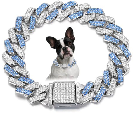 Blue Chain Dog Collar, Bling Diamond Cuban Link Dog Collars Glitter Rhinestone Cat Necklace For For Small Medium Large Pet Dogs Puppy, 10-Inch
