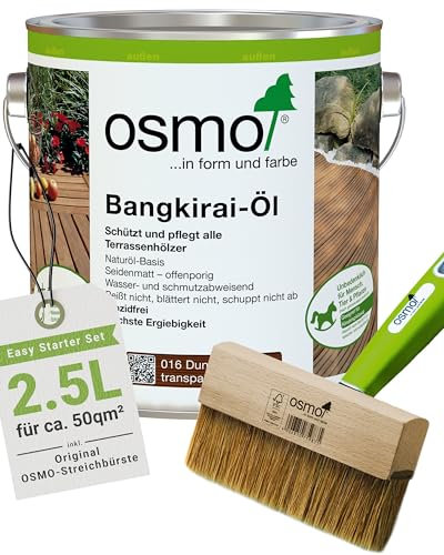 Osmo Terrassenöl Starter Set, 2,5 L Bangkirai Öl natur 006 seidenmatt, inkl. 150 mm Streichbürste mit Handgriff, Holzschutz für außen, offenporig, UV- und wetterfest
