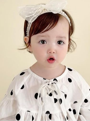 Baby Mädchen Stirnband mit Perlenschleife, Weiches Elastisches Spitzen Haarband für Neugeborene und Kleinkinder, Haarschmuck für Fotoshooting Taufe Alltag, Beige