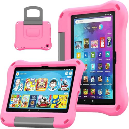 DJ&RPPQ Fire HD 8 Tablet Hülle für Kinder, Amazon Kindle Fire HD 8 & 8 Plus Tablet (12/10th Generation, 2024/2022/2020 Release) Leichte Stoßfeste Schutzhülle mit Griff Ständer.(Light Pink)