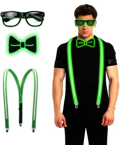 SKIKHN 3 Stück LED-Leucht-Hosenträger,Verdrahtet Neon Rave Brille,LED Fliege,Glitzer Fliege,LED Rave Outfit Set,Herren Led Kleidung für Karneval Musik Festival Hochzeit Halloween Bachelor Party