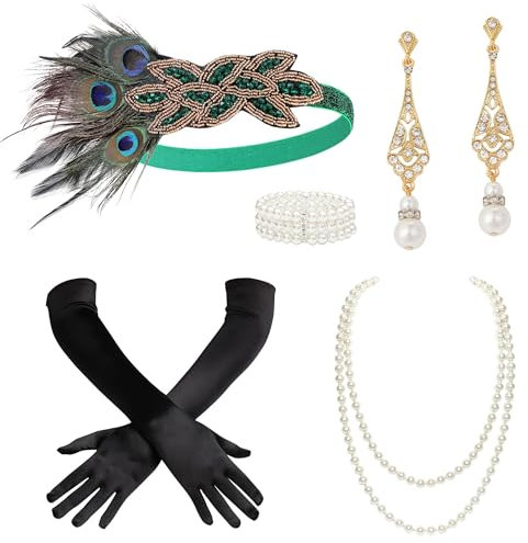 BABEYOND 1920s Accessoires Set Damen Gatsby Kostüm Zubehör Set inklusive Stirnband Halskette Handschuhe Ohrringe Pfau