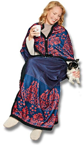 3 Pagen® Hausmantel dunkelblau-rot, Damen Robe mit Reißverschluss & Druckknöpfen, Morgenmantel, Kuscheldecke mit Ärmeln, TV Decke, Fleece-Decke, Couchdecke, Wohndecke, 100% Polyester, 150x170 cm