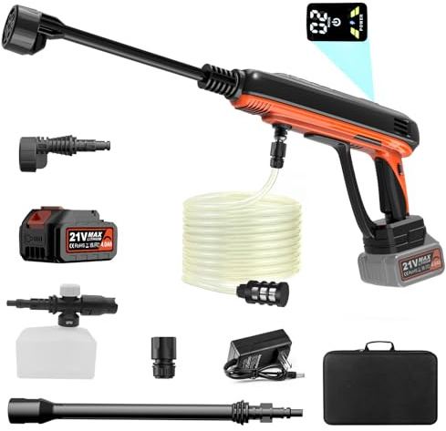 Bravolu MAX 980 PSI - Rondella ad alta pressione a batteria, con set di accessori, 4,0 Ah, con ugello multifunzione 6 in 1, ideale per auto, barche da giardino