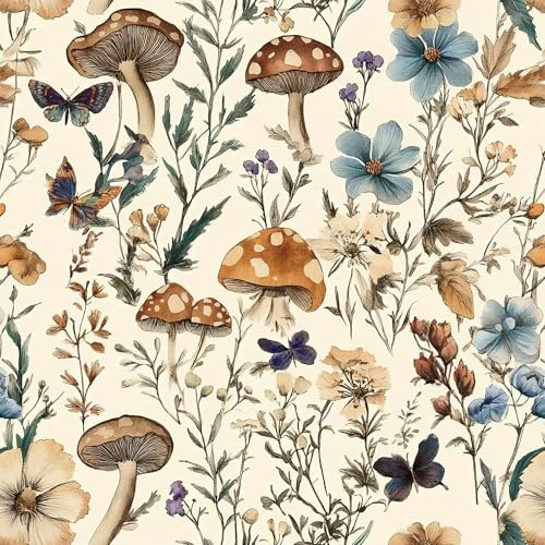 Froluya Mushroom Wallpaper Peel and Stick Vintage Floral 16.9 x 118.1 | Boho Floral Contact Paper Peel and Stick Mushroom Forest Self Adhesive Removable Wall Paper for Bathroom Cabinets Liner Vinyl