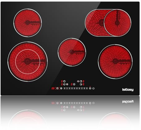 Placa vitrocerámica con 5 luces integradas, superficie de cocción vitrocerámica de 5 fuegos, placa eléctrica de 8600 W, temporizador, control táctil, 77 x 52 x 5,2 cm
