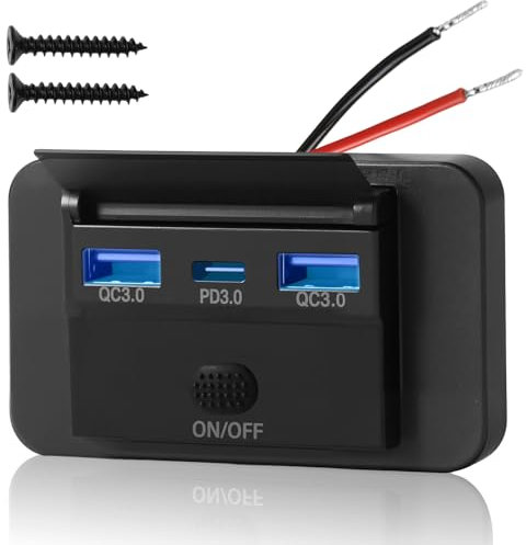 Presa USB 12V, 72W Ricarica Rapida, Dual QC3.0 e PD3.0 Ports Charging Socket Panel con pulsante ON/Off, Impermeabile per 12V -24V Caravan, Marine, Camper, Car, Autobus