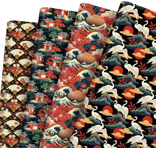 Japanisches Geschenkpapier, traditionelles japanisches Design, Geschenkpapier mit Sakura, Kranichen, Fächern, Wellen und Tempeln, Geschenkpapier für Japan-Liebhaber, 50,8 x 71,1 cm, 12 Blatt