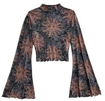 GORGLITTER Women's Floral Mock Neck Bell Long Sleeve Crop Top Lettuce Trim Slim Fit Shirts Khaki Dark Green Large