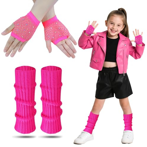 AffeGifts Stulpen Pink Kinder, 80er Jahre Stulpen Kinder mit Neon Fishnet Handschuhe Warme Strickbeinwärmer 80er Kostüm Zubehör Set für Mädchen Fancy Kleid 1980er Themenparty