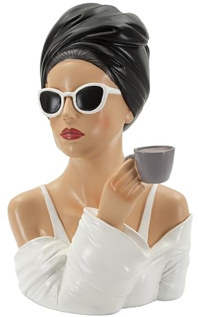 MF Dekofigur Lady Paris, Moderne Frauenbüste mit Sonnenbrille und Tasse, Schwarz-Weiß, 29 x 20 x 18,5 cm