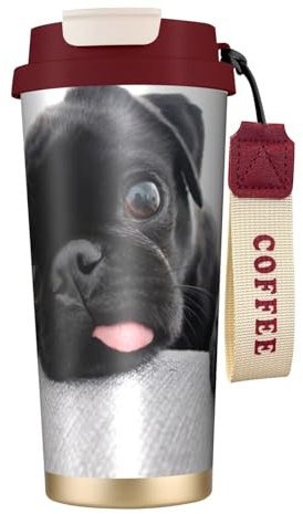 YXDVPALNE Funny Pug Black,316 Stainless Steel Coffee Mug with Lanyard,Insulated Tumbler Double Wall Travel Car Cup 500 ml
